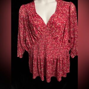 Lane Bryant Floral Smocked 3/4 Sleeve Blouse